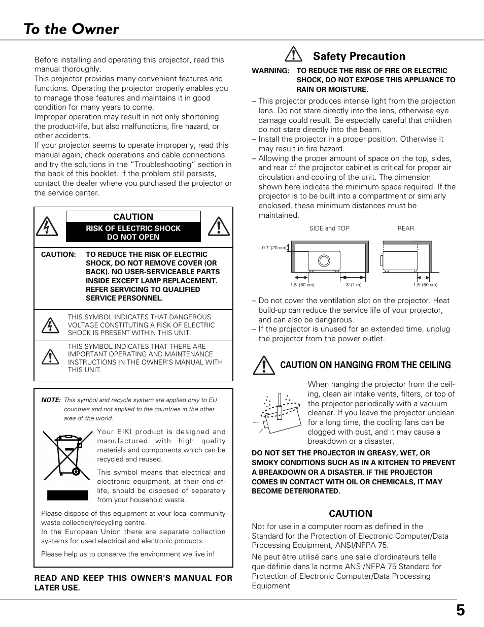 To the owner, 5to the owner, Safety precaution | Eiki LC-XB40N User Manual | Page 5 / 79