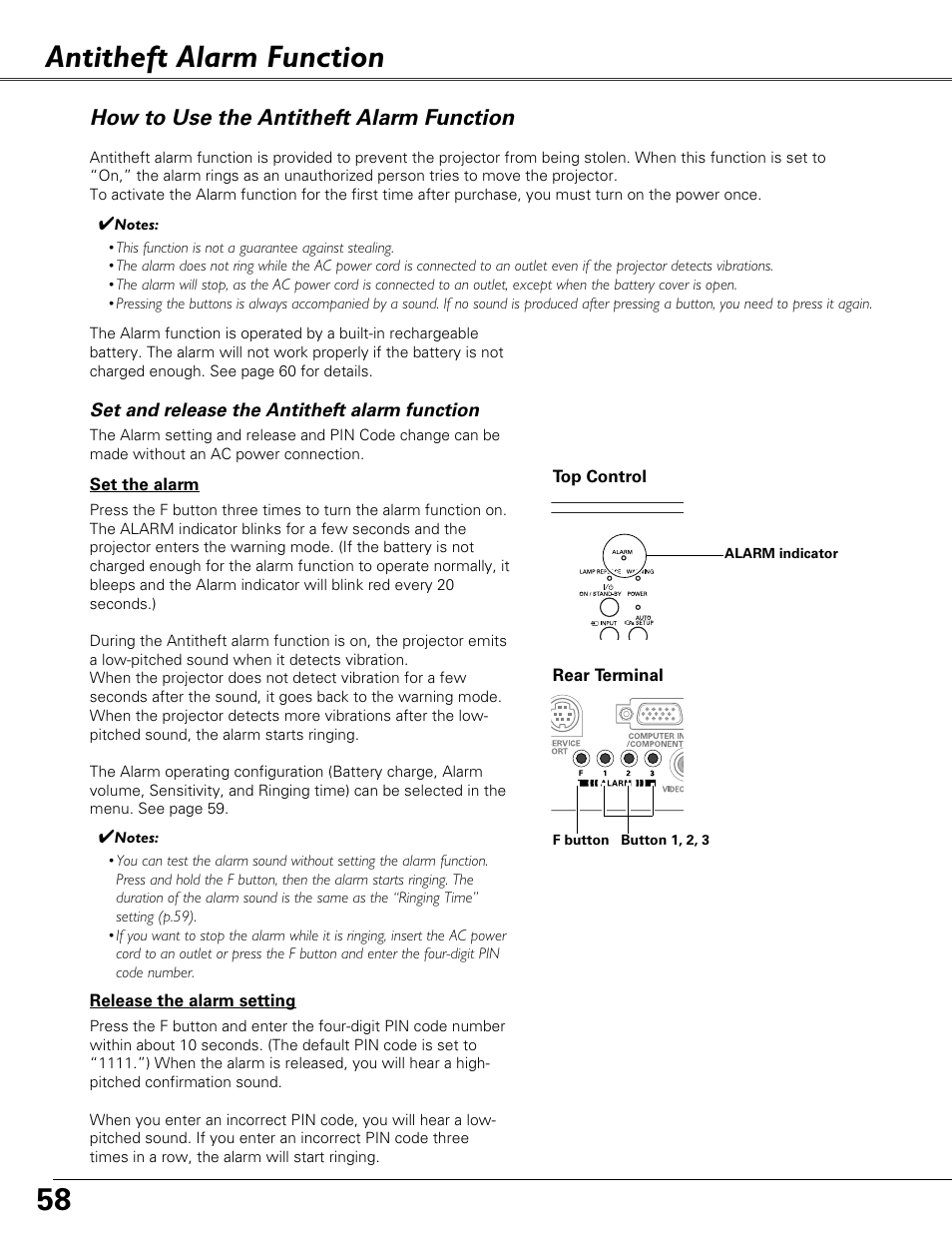 Antitheft alarm function, How to use the antitheft alarm function | Eiki LC-XB40N User Manual | Page 58 / 79
