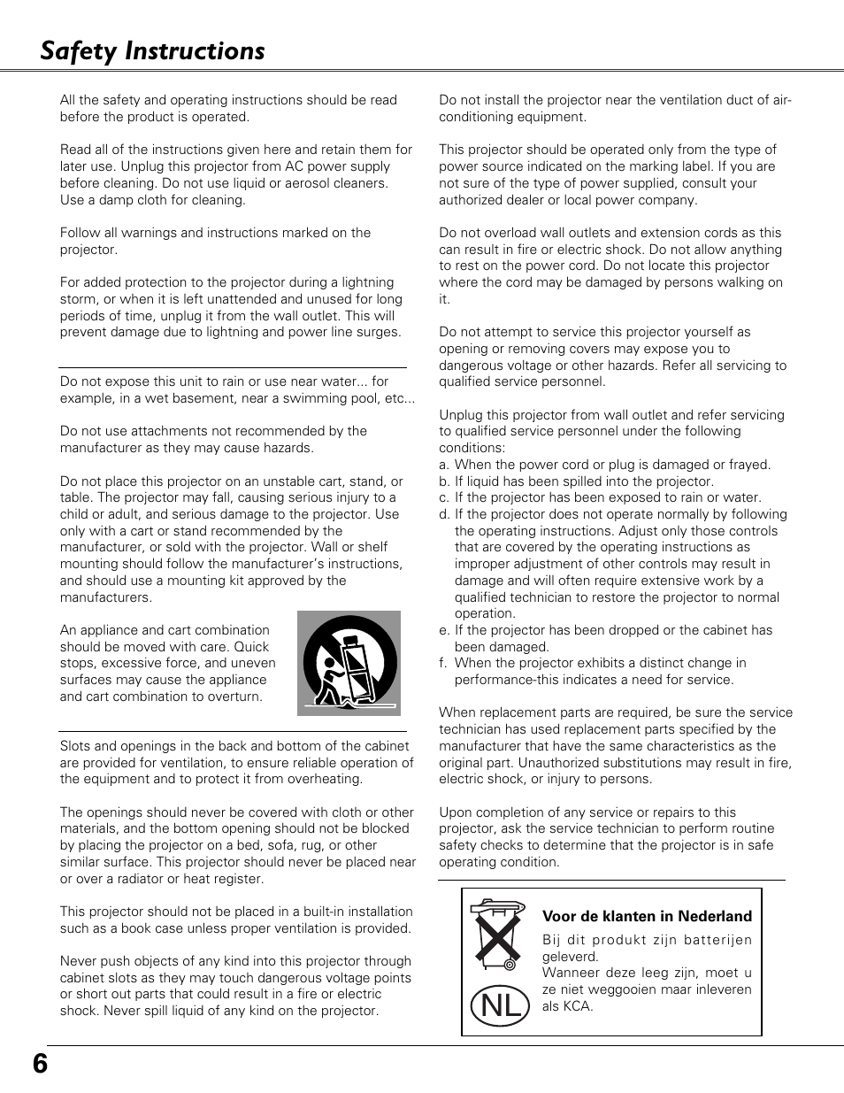 Safety instructions, 6safety instructions | Eiki LC-XB40N User Manual | Page 6 / 79