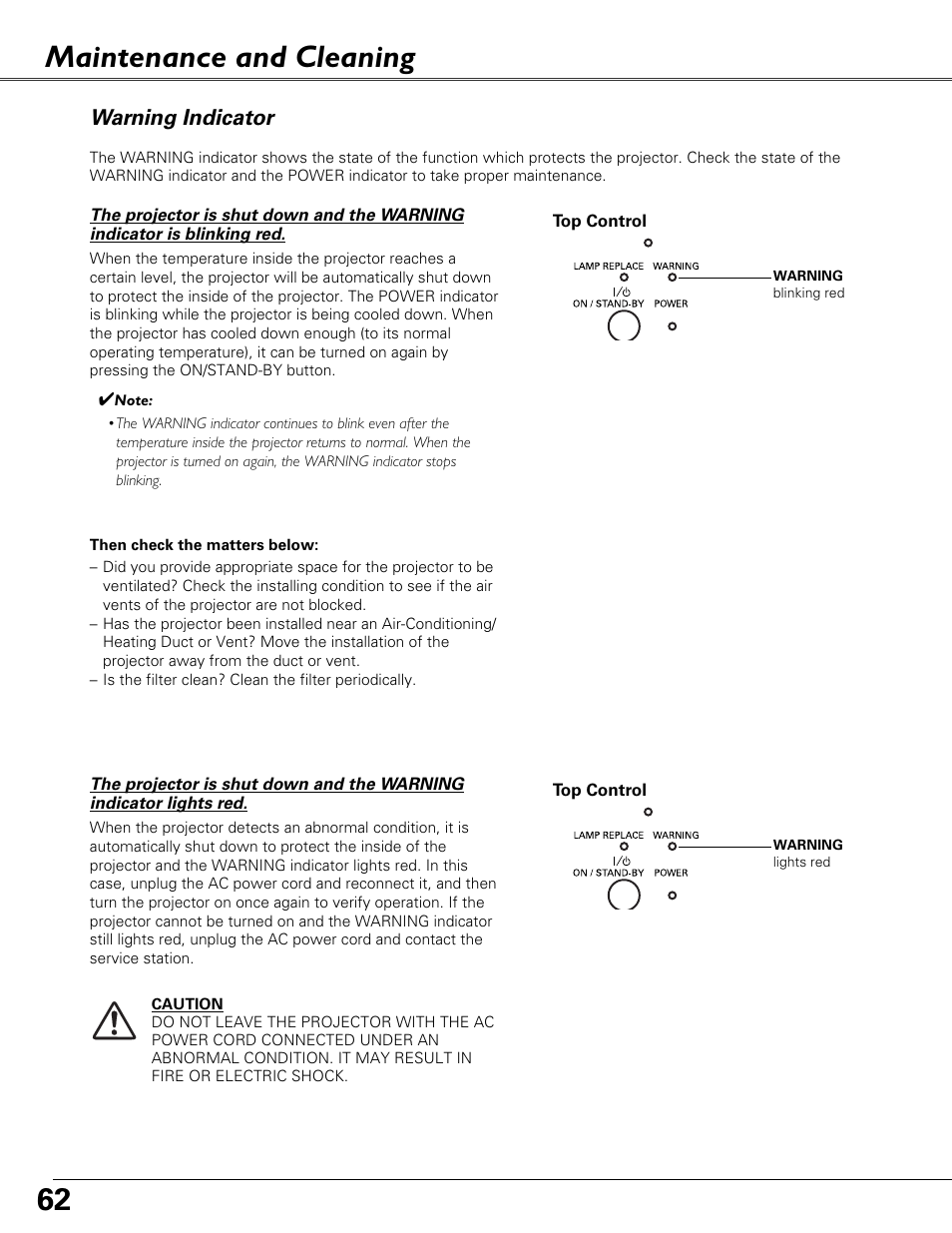 Maintenance and cleaning, Warning indicator | Eiki LC-XB40N User Manual | Page 62 / 79