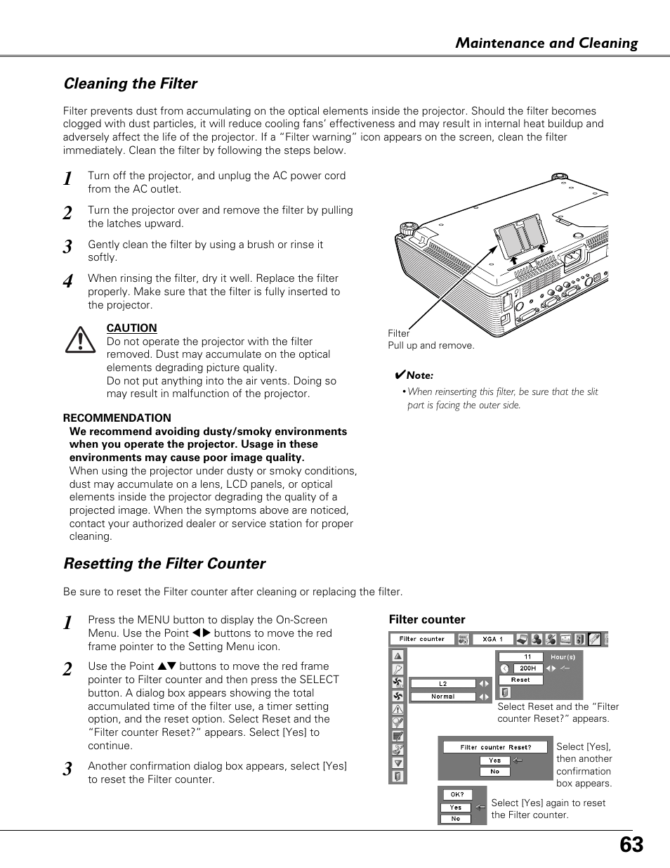 Cleaning the filter, Resetting the filter counter | Eiki LC-XB40N User Manual | Page 63 / 79
