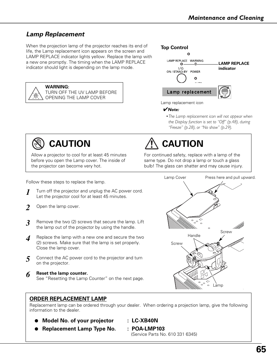 Lamp replacement, Caution | Eiki LC-XB40N User Manual | Page 65 / 79