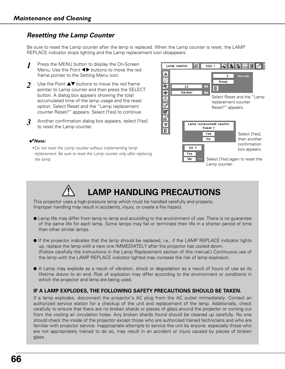 Resetting the lamp counter, Lamp handling precautions, Maintenance and cleaning | Eiki LC-XB40N User Manual | Page 66 / 79