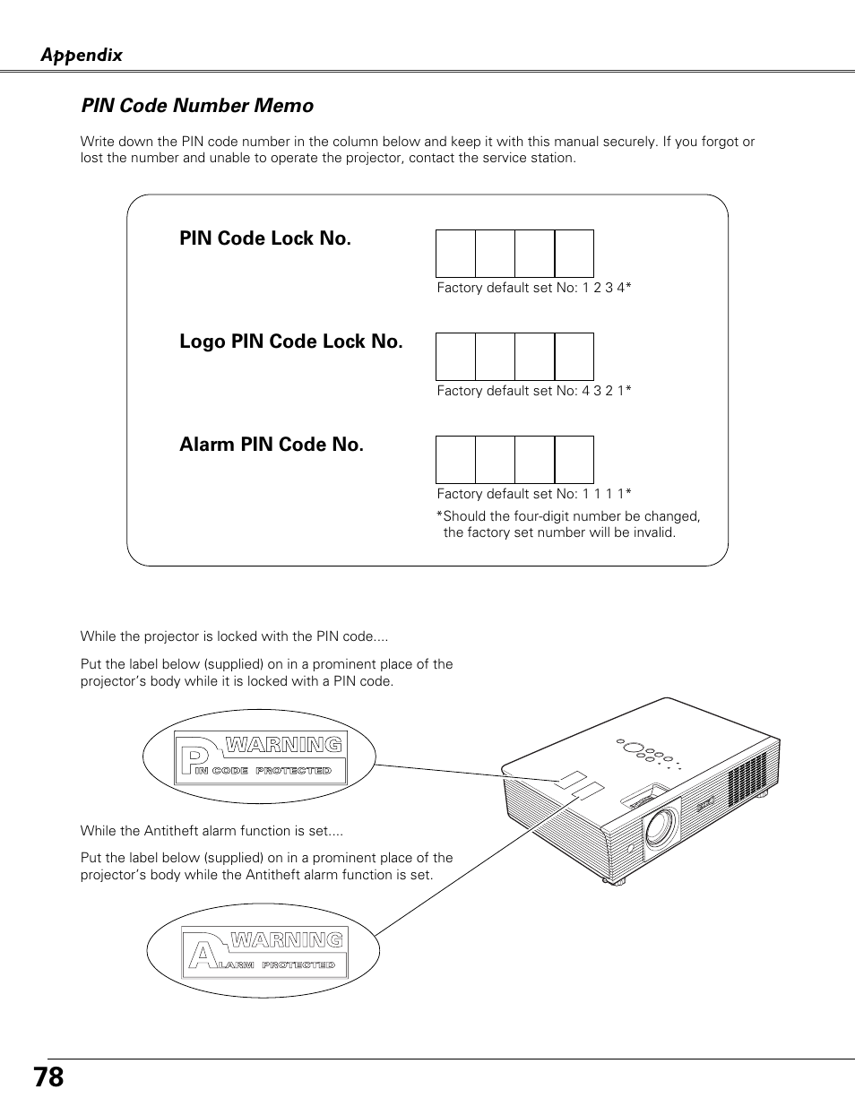 Pin code number memo | Eiki LC-XB40N User Manual | Page 78 / 79