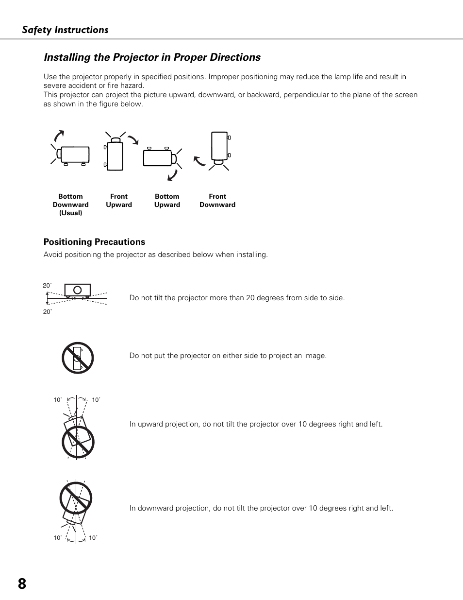 Installing the projector in proper directions, Safety instructions | Eiki LC-XB40N User Manual | Page 8 / 79