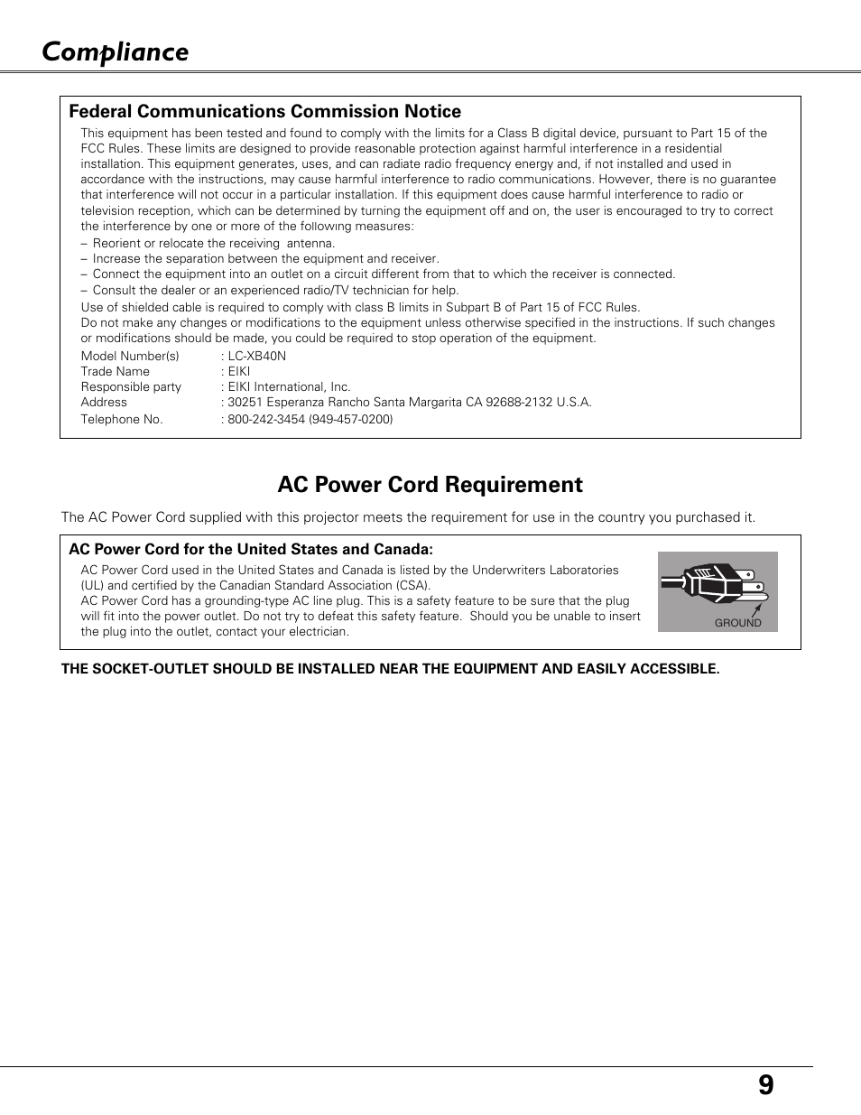 Compliance, 9compliance, Ac power cord requirement | Federal communications commission notice | Eiki LC-XB40N User Manual | Page 9 / 79