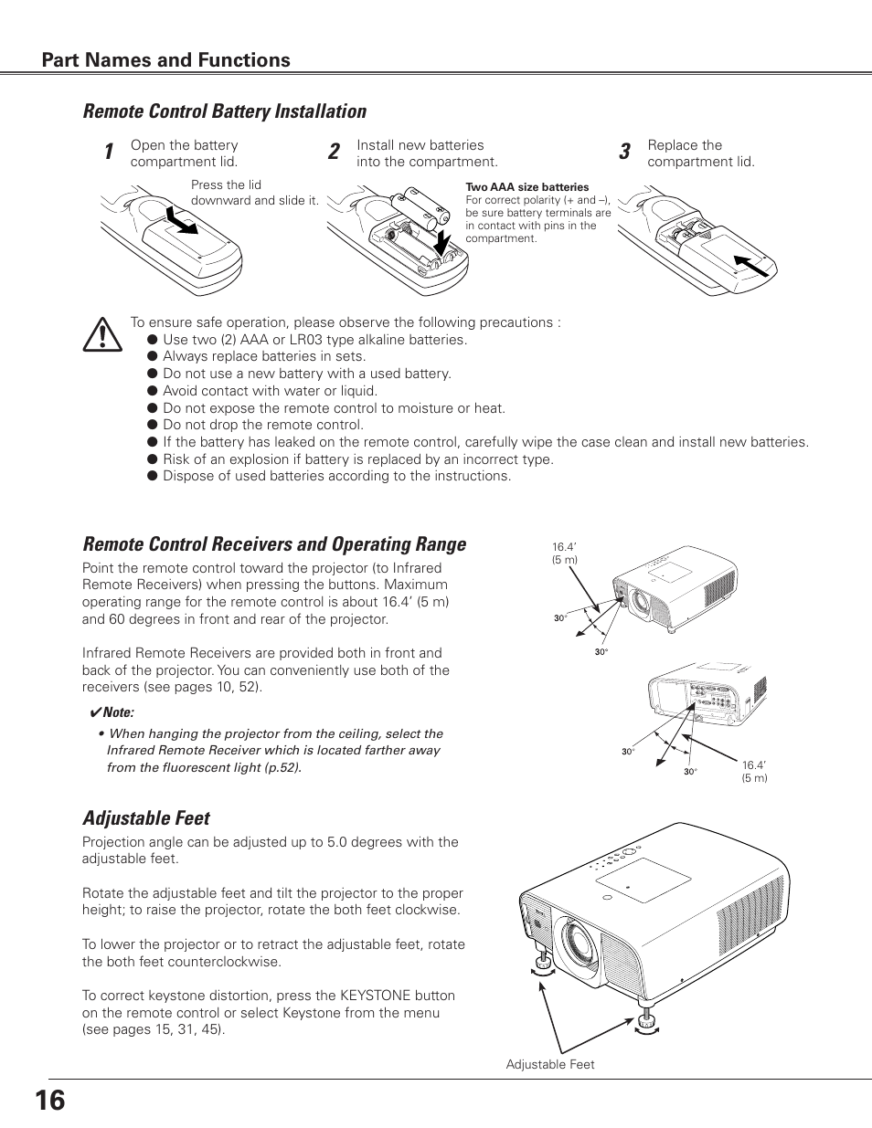 Remote control battery installation, Remote control receivers and operating range, Adjustable feet | Part names and functions | Eiki LC-SXG400L User Manual | Page 16 / 78