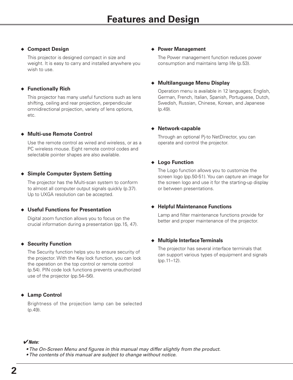 Features and design | Eiki LC-SXG400L User Manual | Page 2 / 78