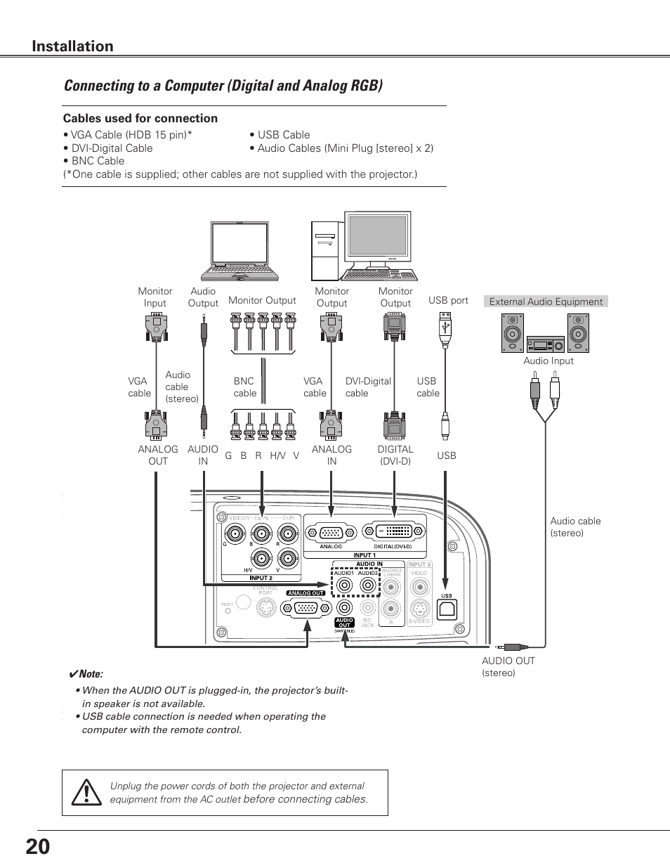 Connecting to a computer (digital and analog rgb), Installation | Eiki LC-SXG400L User Manual | Page 20 / 78