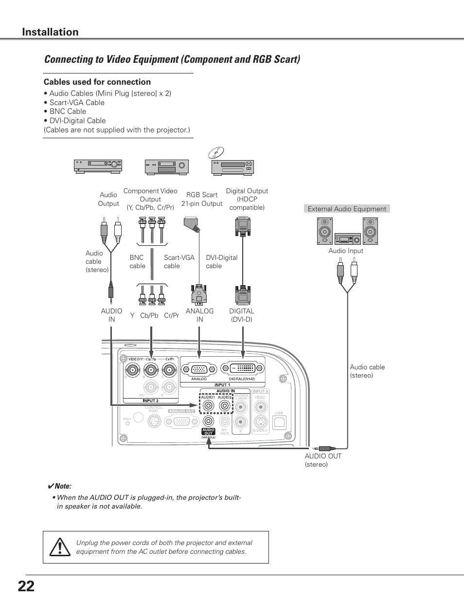 Connecting to video equipment (component and, Rgb scart), Installation | Eiki LC-SXG400L User Manual | Page 22 / 78