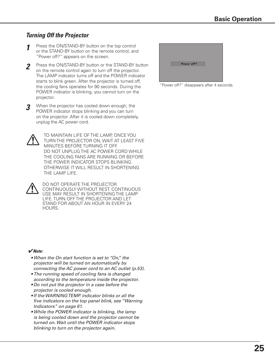 Turning off the projector, Basic operation | Eiki LC-SXG400L User Manual | Page 25 / 78