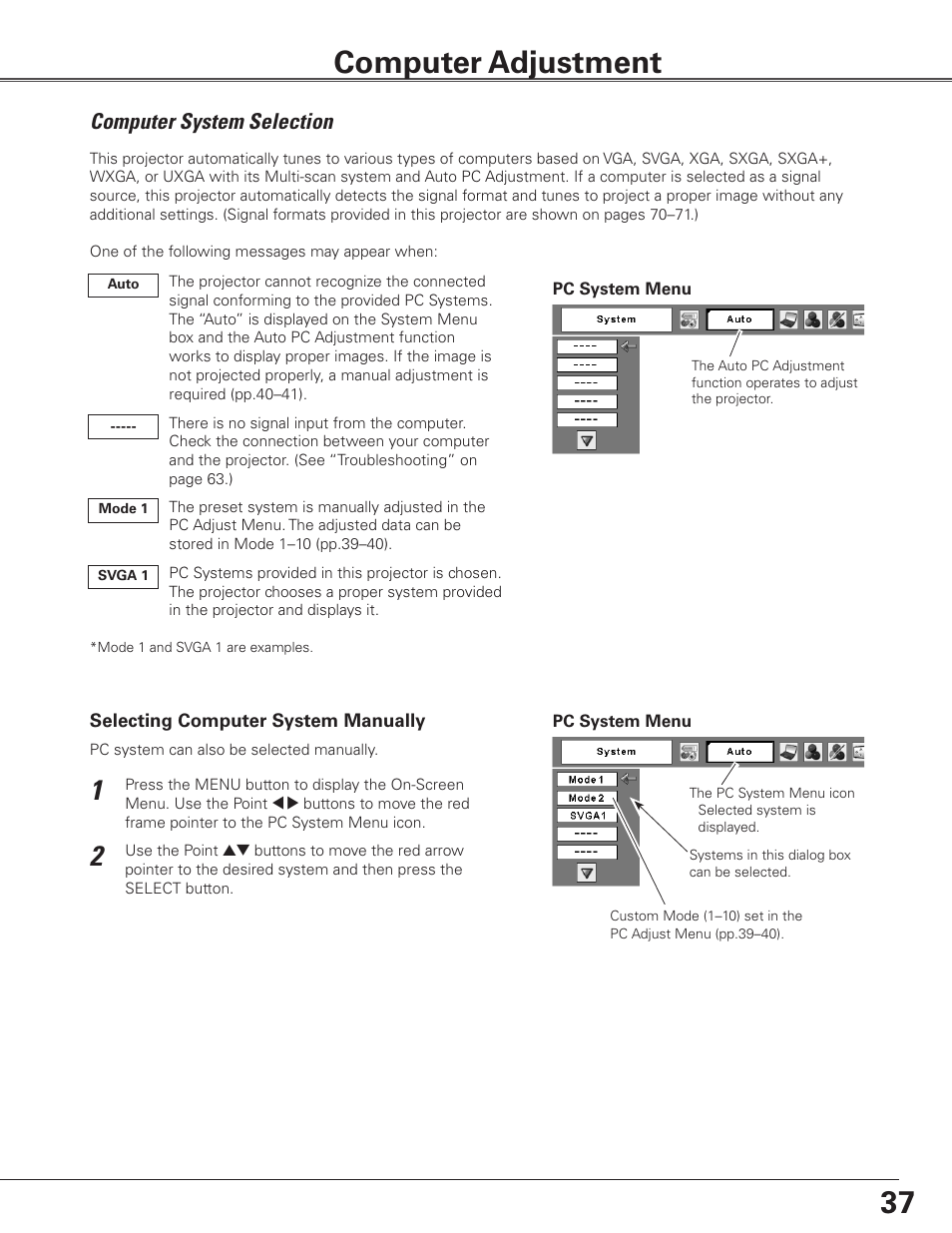 Computer adjustment, Computer system selection | Eiki LC-SXG400L User Manual | Page 37 / 78