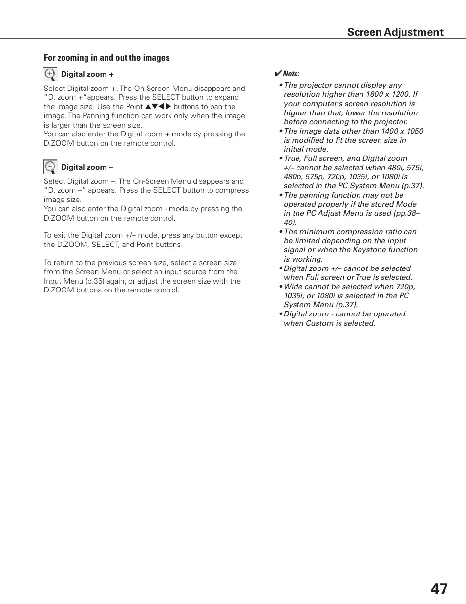 Screen adjustment | Eiki LC-SXG400L User Manual | Page 47 / 78