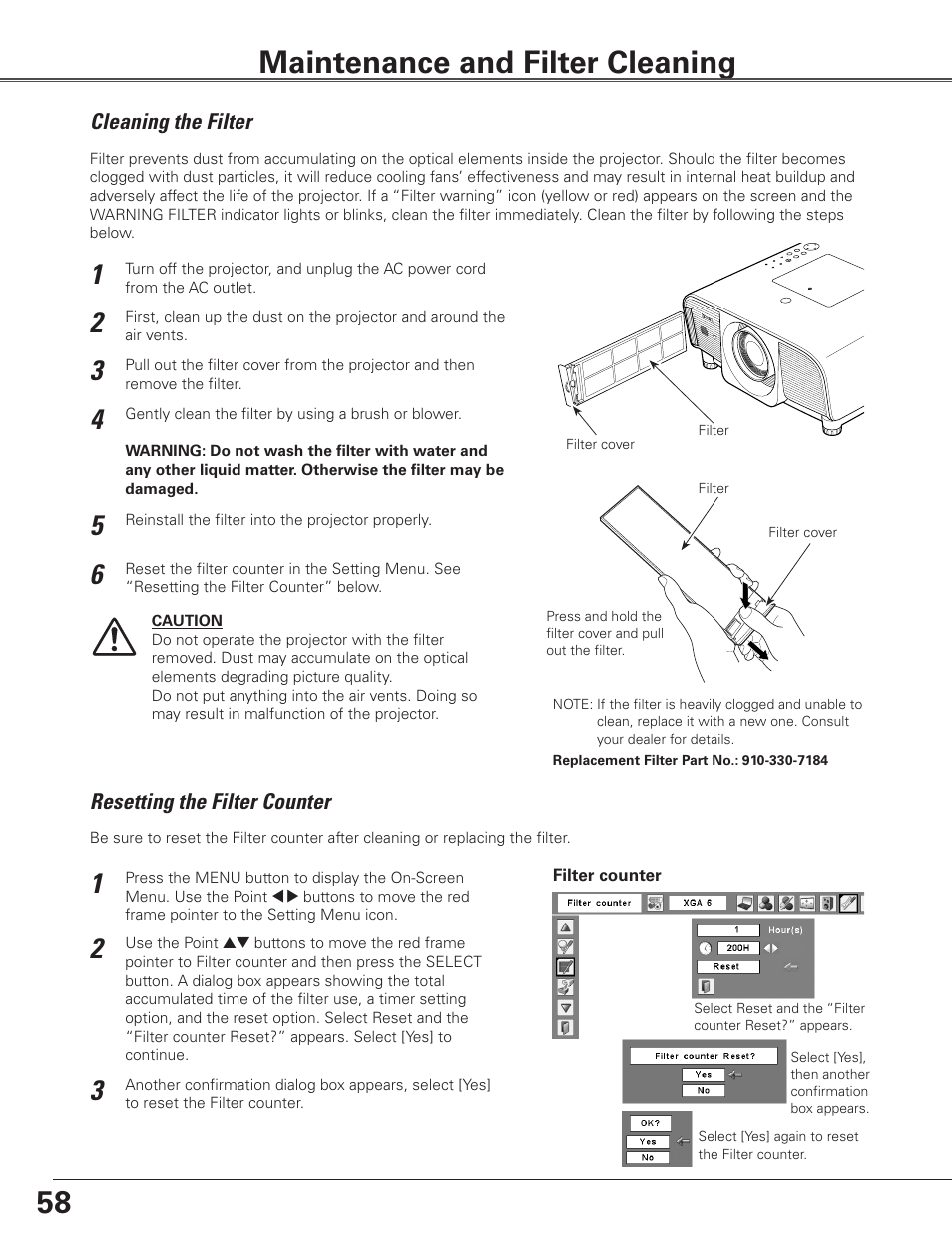 Maintenance and filter cleaning, Cleaning the filter, Resetting the filter counter | Eiki LC-SXG400L User Manual | Page 58 / 78