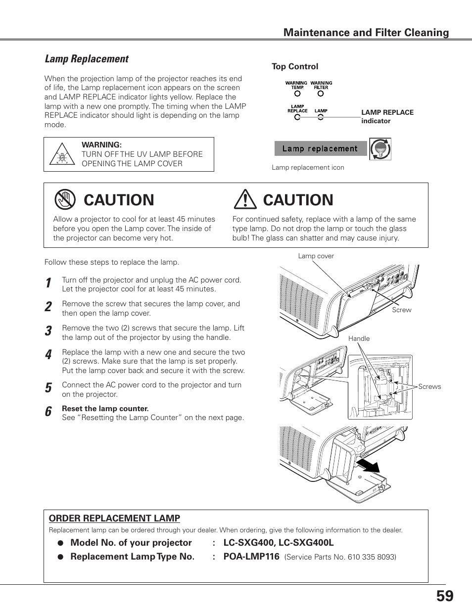 Lamp replacement, Caution | Eiki LC-SXG400L User Manual | Page 59 / 78
