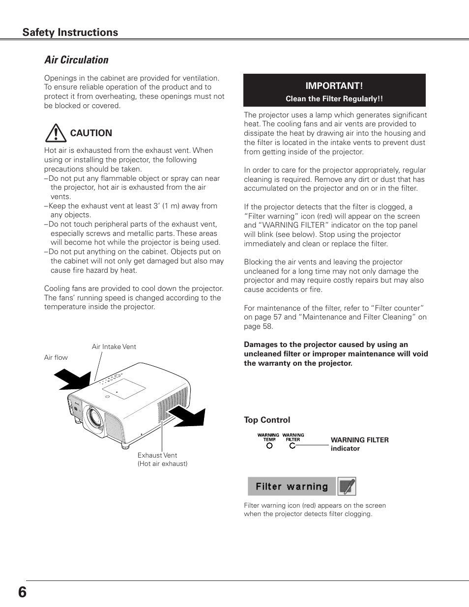 Air circulation, Safety instructions | Eiki LC-SXG400L User Manual | Page 6 / 78