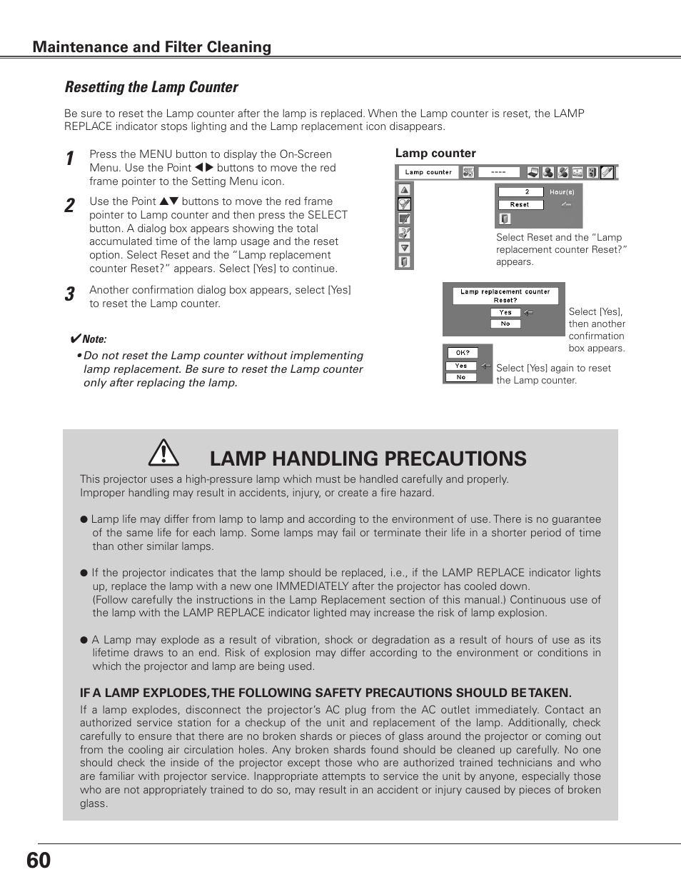 Resetting the lamp counter, Lamp handling precautions, Maintenance and filter cleaning | Eiki LC-SXG400L User Manual | Page 60 / 78