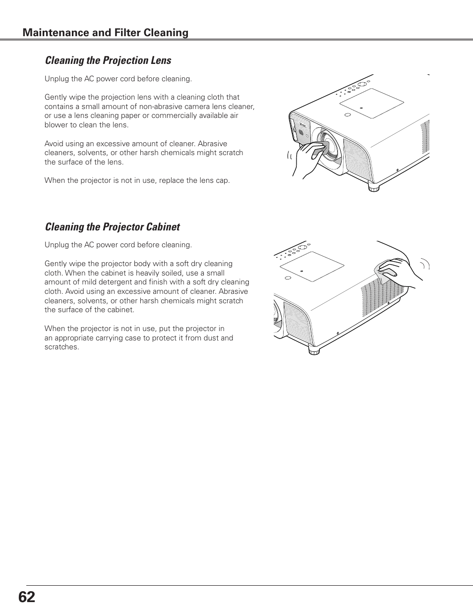 Cleaning the projection lens, Cleaning the projector cabinet | Eiki LC-SXG400L User Manual | Page 62 / 78