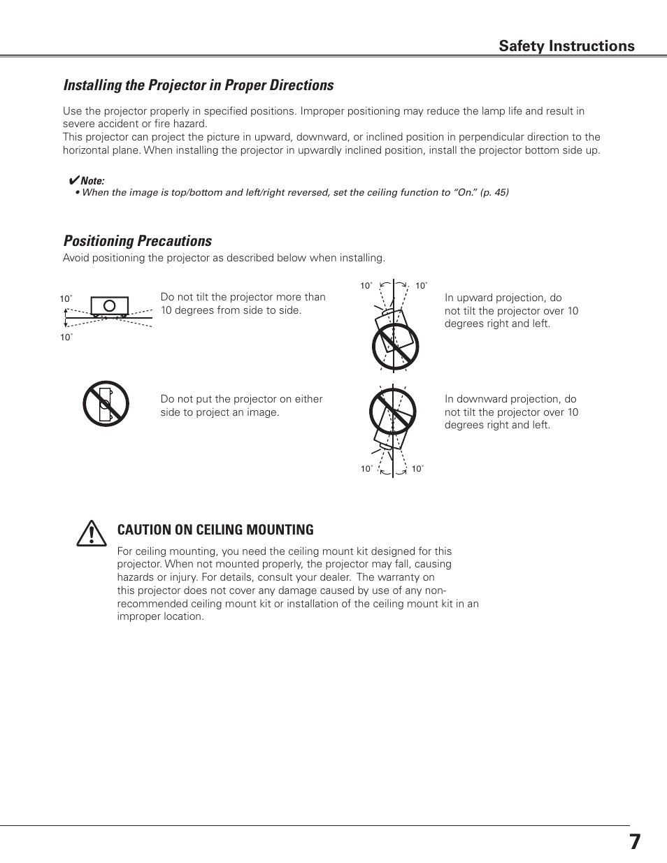 Installing the projector in proper directions, Positioning precautions, Safety instructions | Caution on ceiling mounting | Eiki LC-SXG400L User Manual | Page 7 / 78