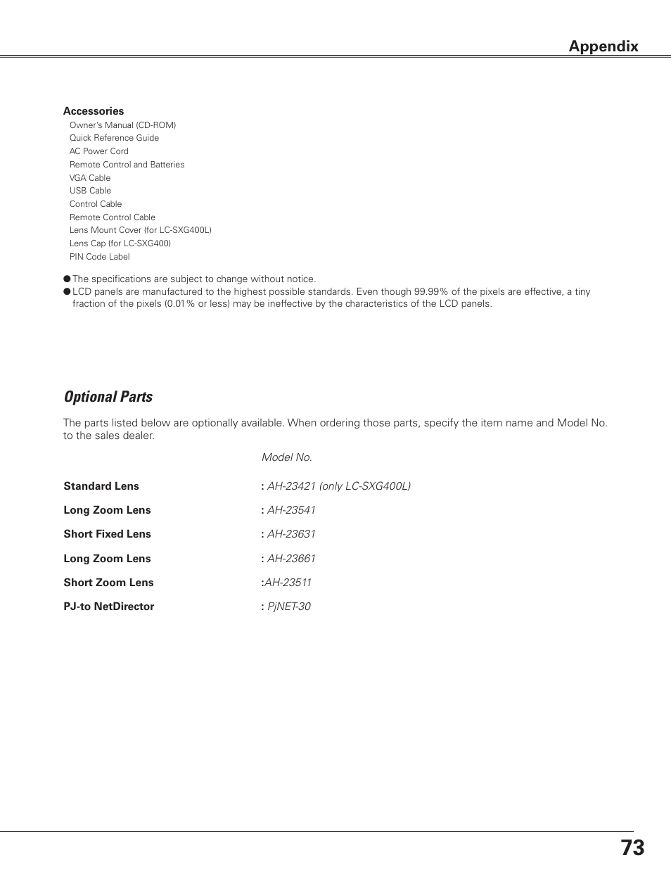 Optional parts, Appendix | Eiki LC-SXG400L User Manual | Page 73 / 78