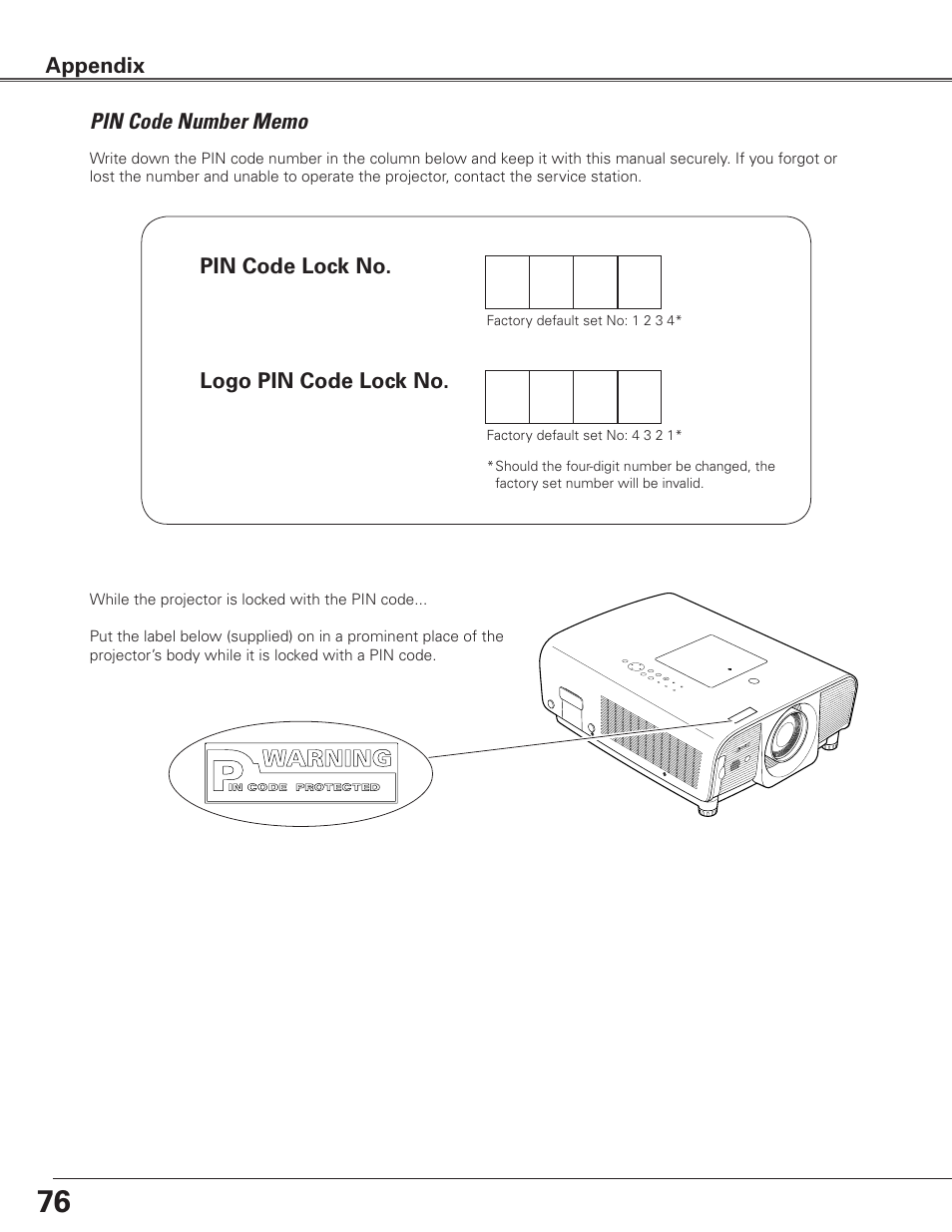 Pin code number memo | Eiki LC-SXG400L User Manual | Page 76 / 78