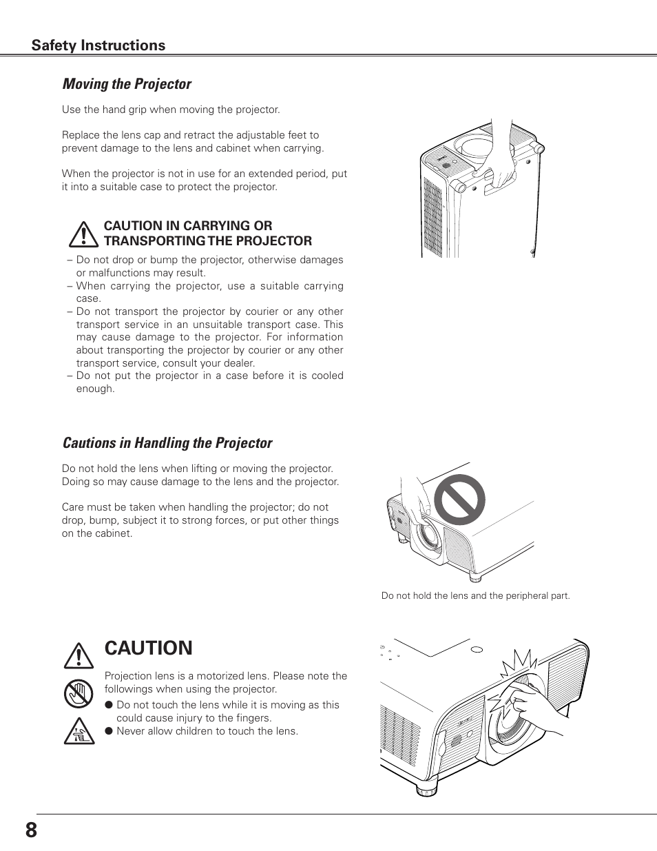 Moving the projector, Cautions in handling the projector, Caution | Moving the projector safety instructions | Eiki LC-SXG400L User Manual | Page 8 / 78