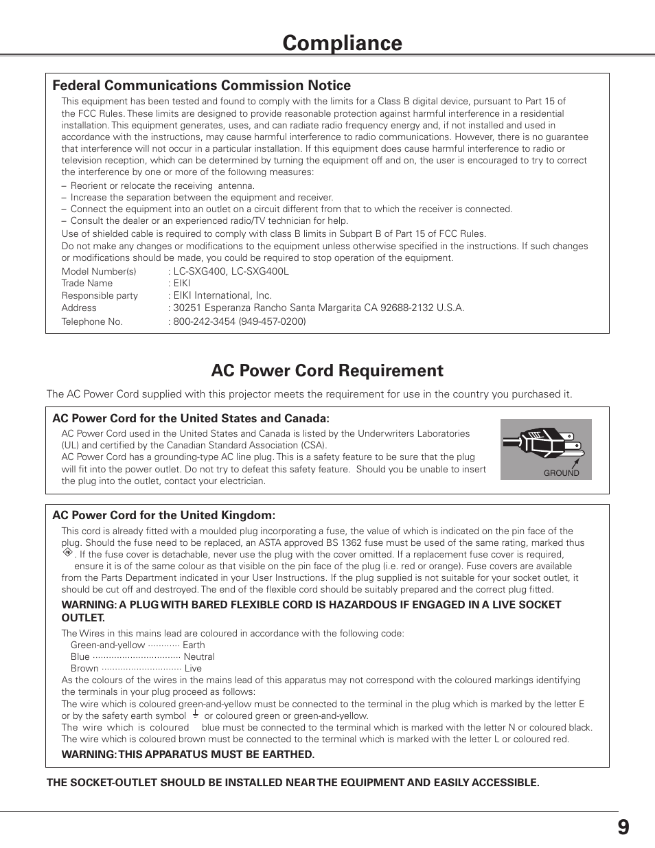 Compliance, Ac power cord requirement, Federal communications commission notice | Eiki LC-SXG400L User Manual | Page 9 / 78