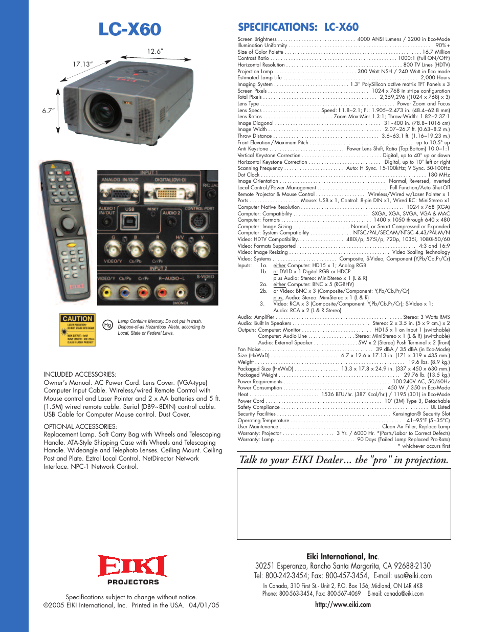 Lc-x60, Specifications: lc-x60 | Eiki LC-X60 User Manual | Page 2 / 2