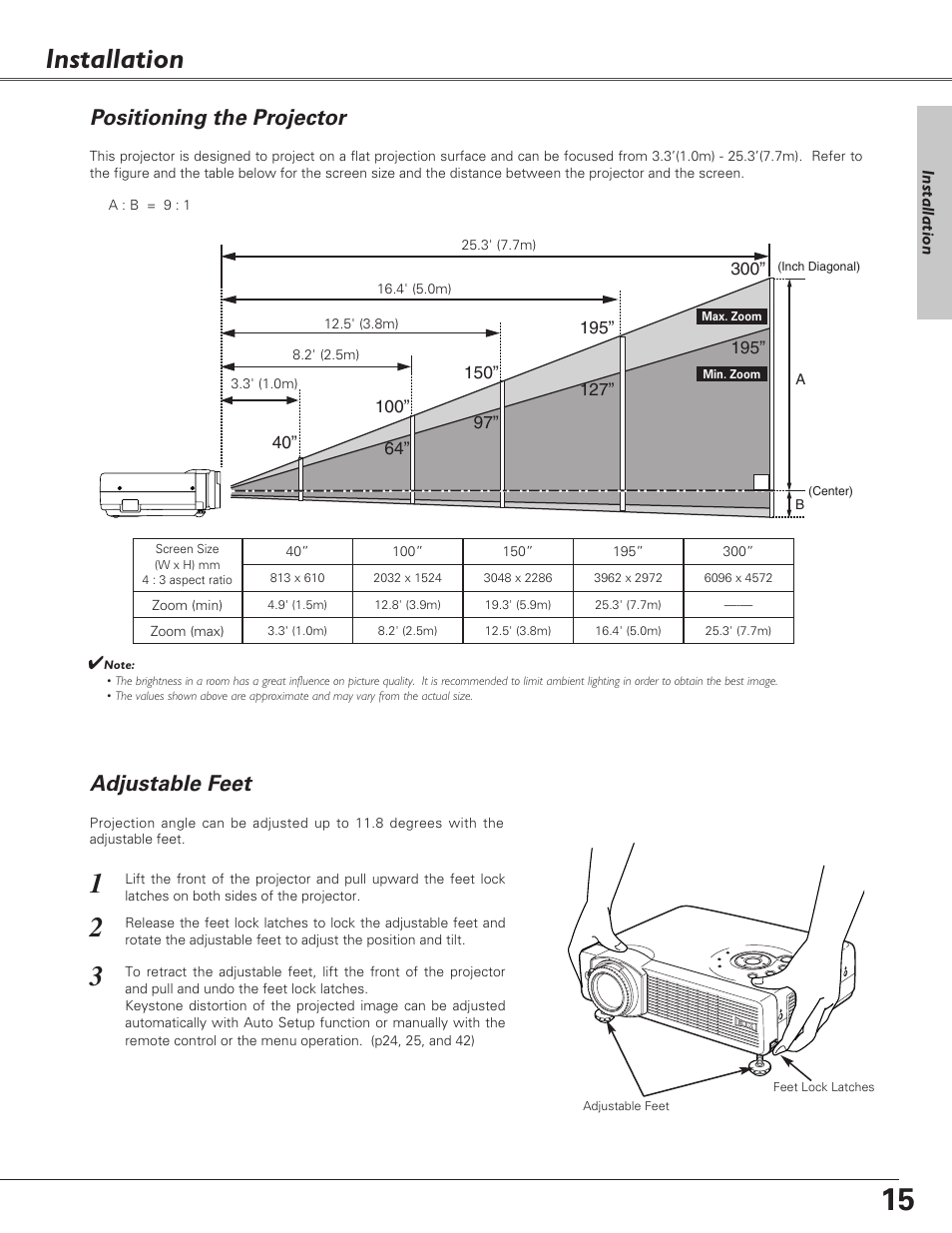 Installation, Positioning the projector, Adjustable feet | Eiki LC-XB21 User Manual | Page 15 / 64