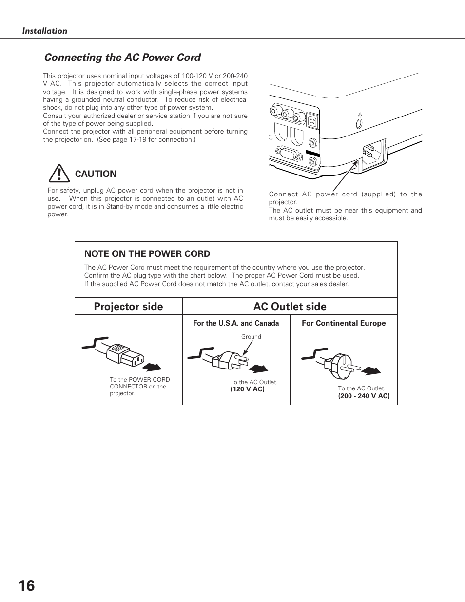 Connecting the ac power cord, Projector side ac outlet side | Eiki LC-XB21 User Manual | Page 16 / 64