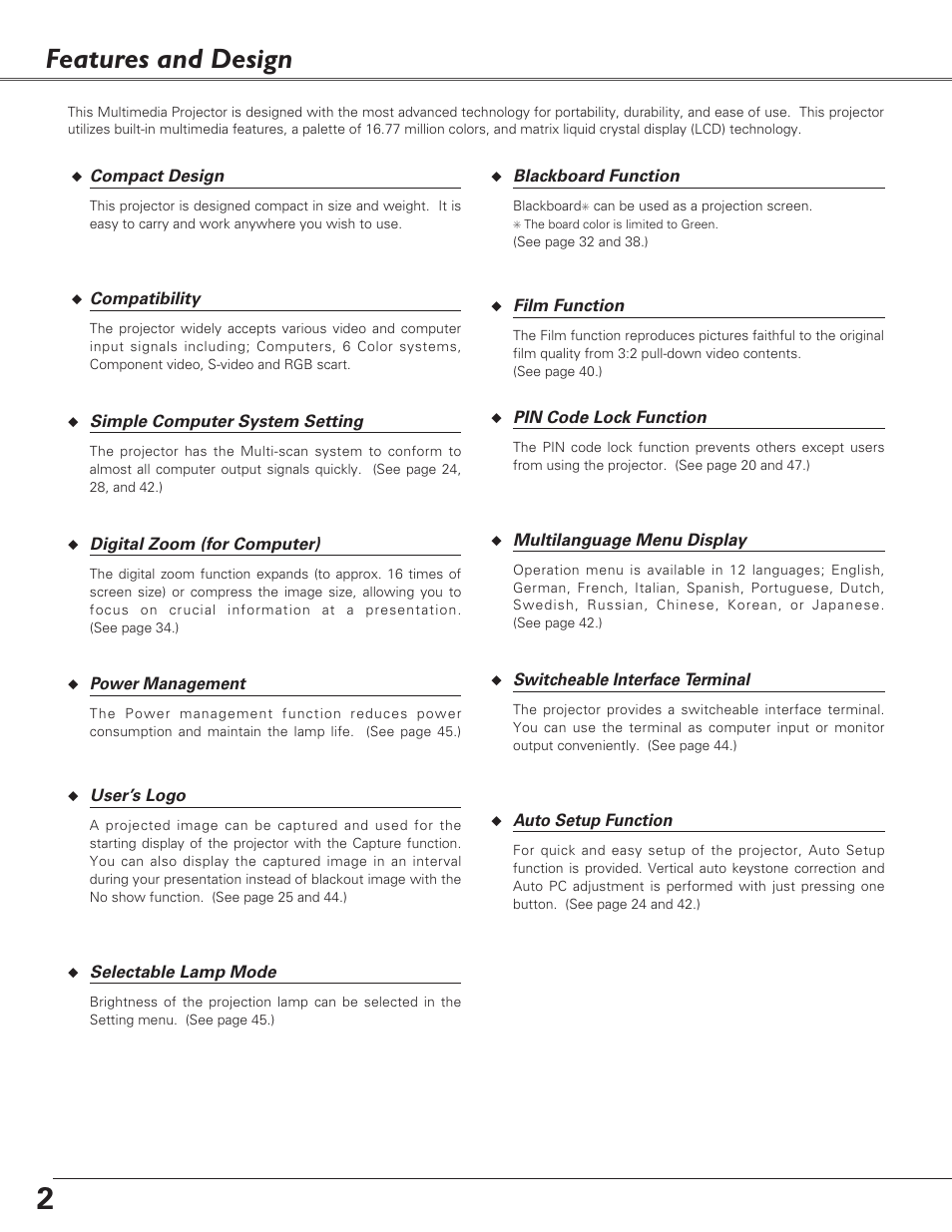 Features and design | Eiki LC-XB21 User Manual | Page 2 / 64