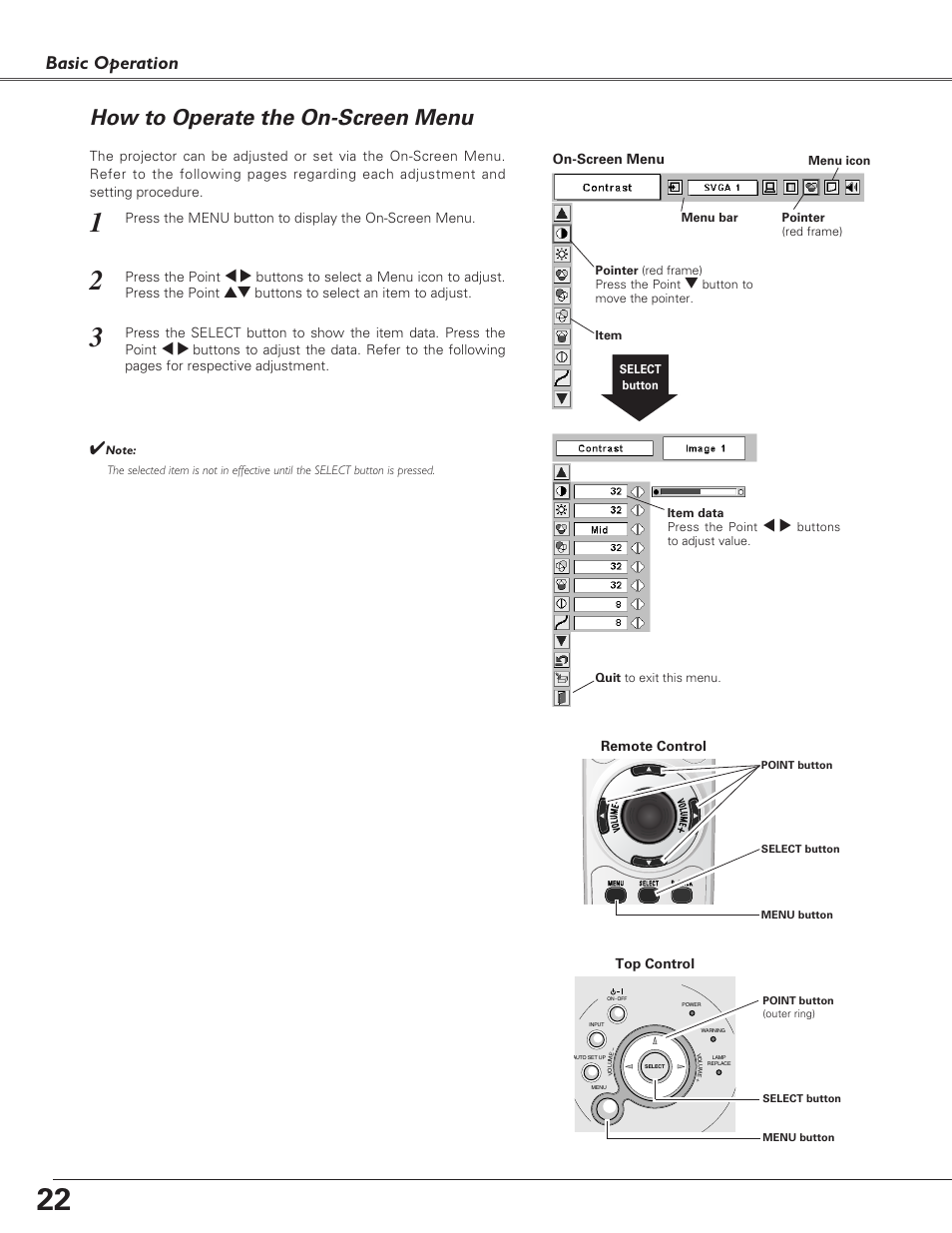 How to operate the on-screen, How to operate the on-screen menu, Basic operation | Top control, On-screen menu, Remote control | Eiki LC-XB21 User Manual | Page 22 / 64