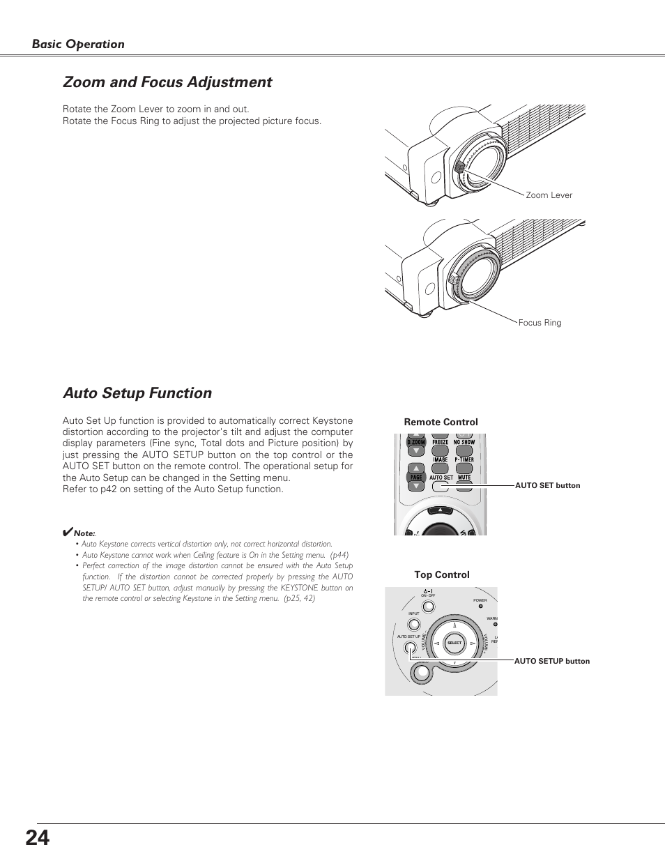 Zoom and focus adjustment, Auto setup function, Basic operation | Top control, Remote control | Eiki LC-XB21 User Manual | Page 24 / 64