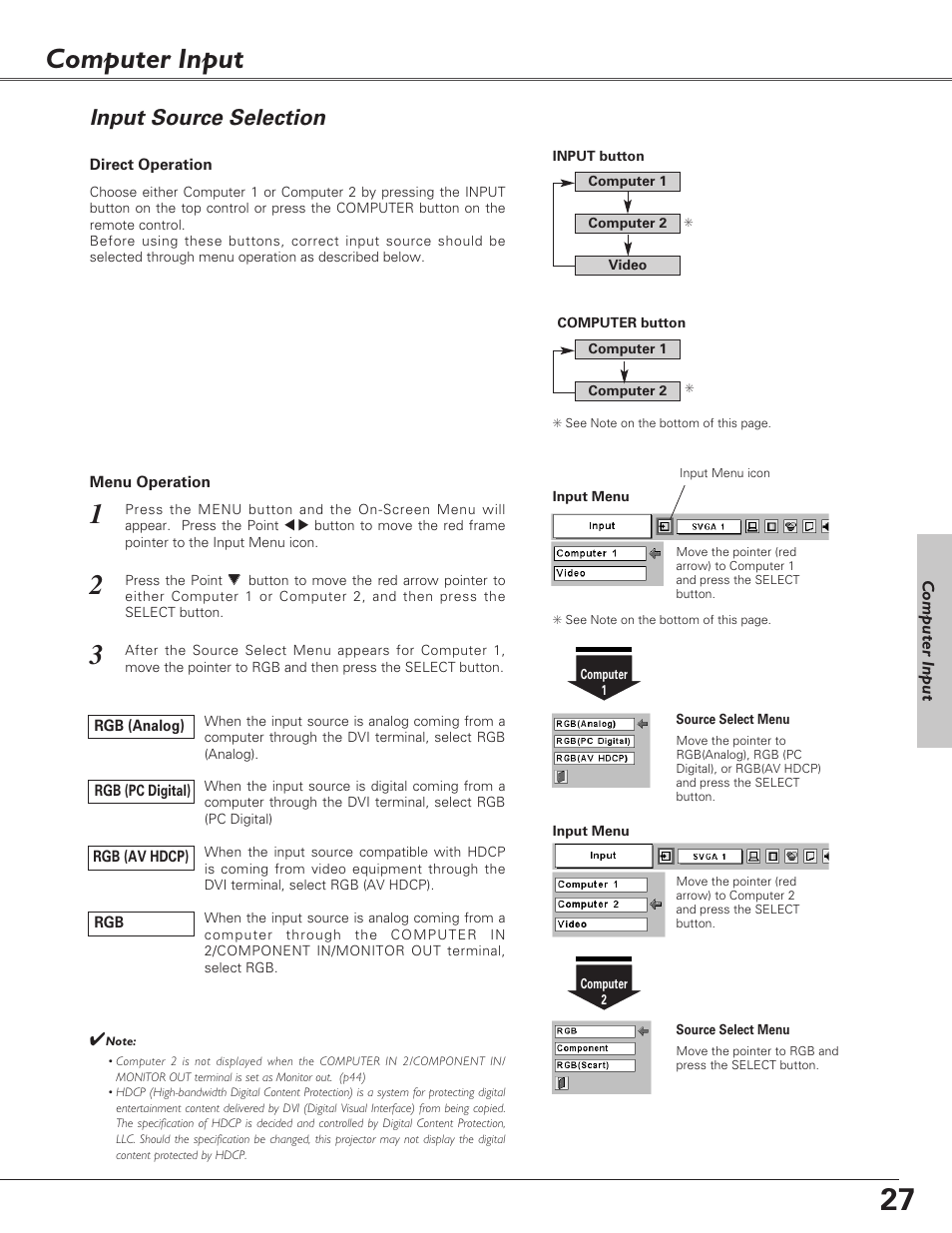 Computer input, Input source selection | Eiki LC-XB21 User Manual | Page 27 / 64