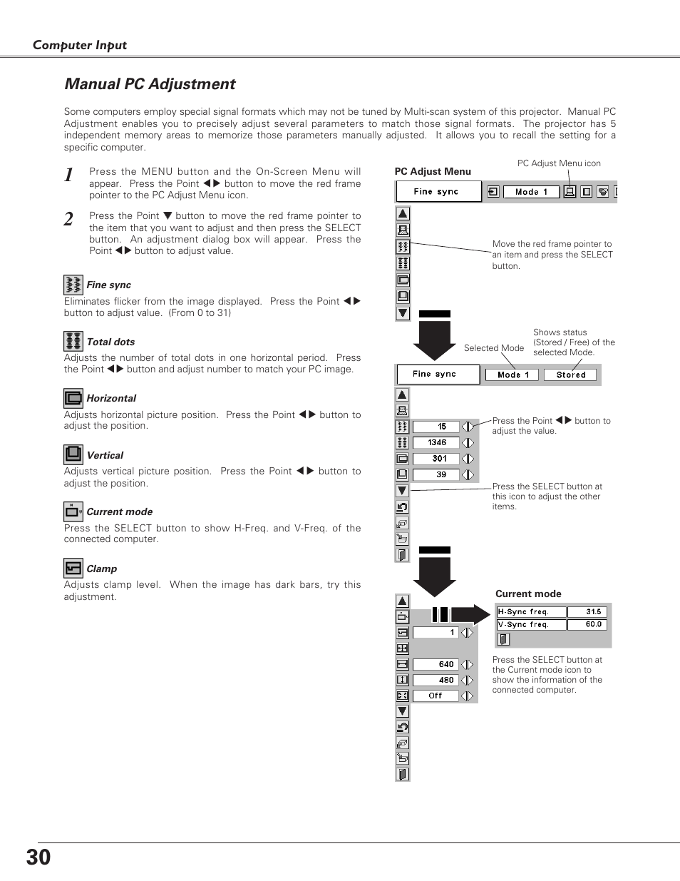 Manual pc adjustment, Computer input | Eiki LC-XB21 User Manual | Page 30 / 64