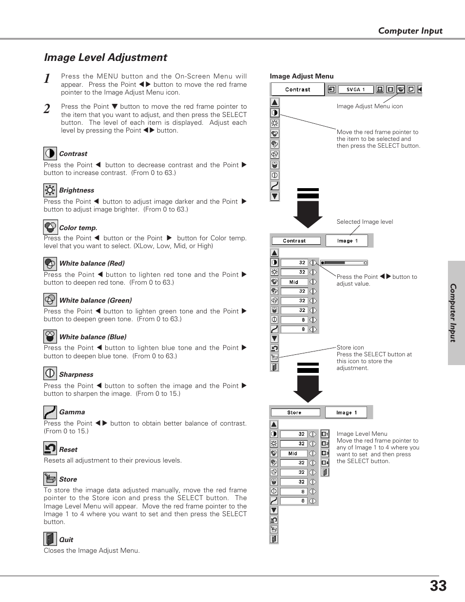 Image level adjustment, Computer input | Eiki LC-XB21 User Manual | Page 33 / 64