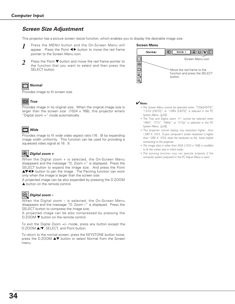 Screen size adjustment, Computer input | Eiki LC-XB21 User Manual | Page 34 / 64
