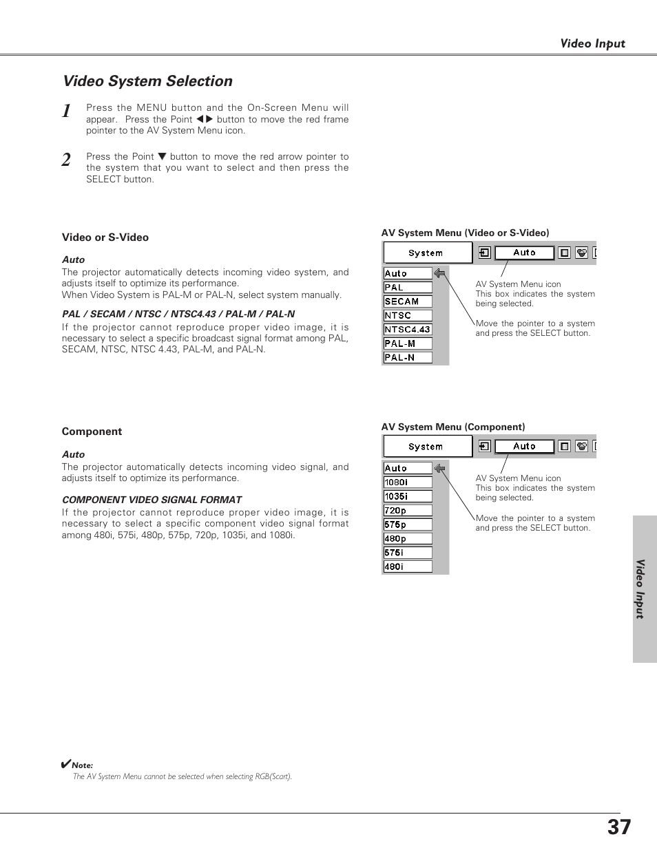 Video system selection | Eiki LC-XB21 User Manual | Page 37 / 64