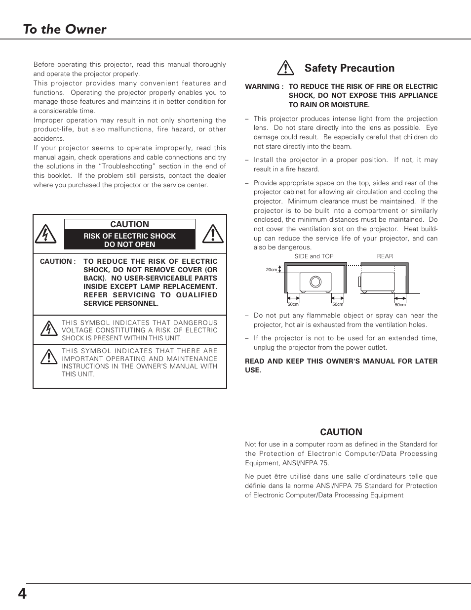 To the owner, Safety precaution | Eiki LC-XB21 User Manual | Page 4 / 64