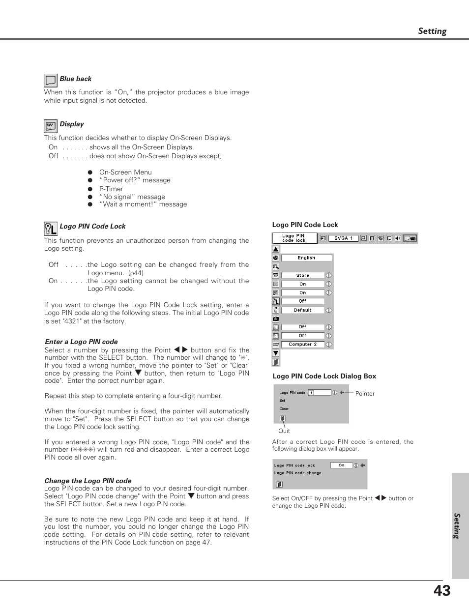 Setting | Eiki LC-XB21 User Manual | Page 43 / 64