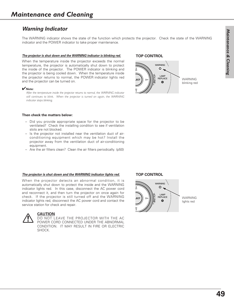 Maintenance and cleaning, Warning indicator, Maintenance & cleaning | Eiki LC-XB21 User Manual | Page 49 / 64