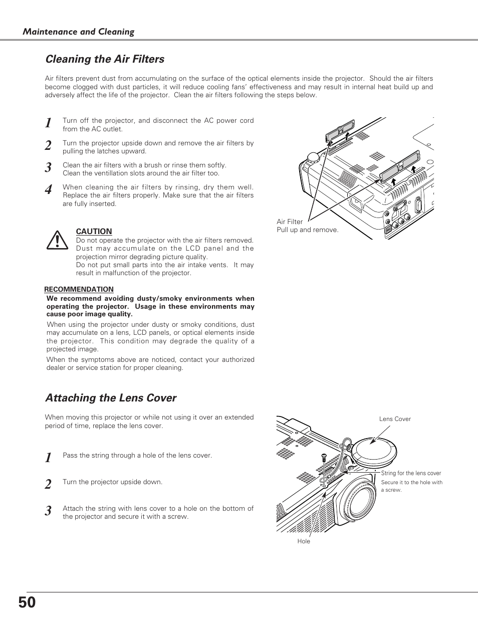 Cleaning the air filters, Attaching the lens cover | Eiki LC-XB21 User Manual | Page 50 / 64