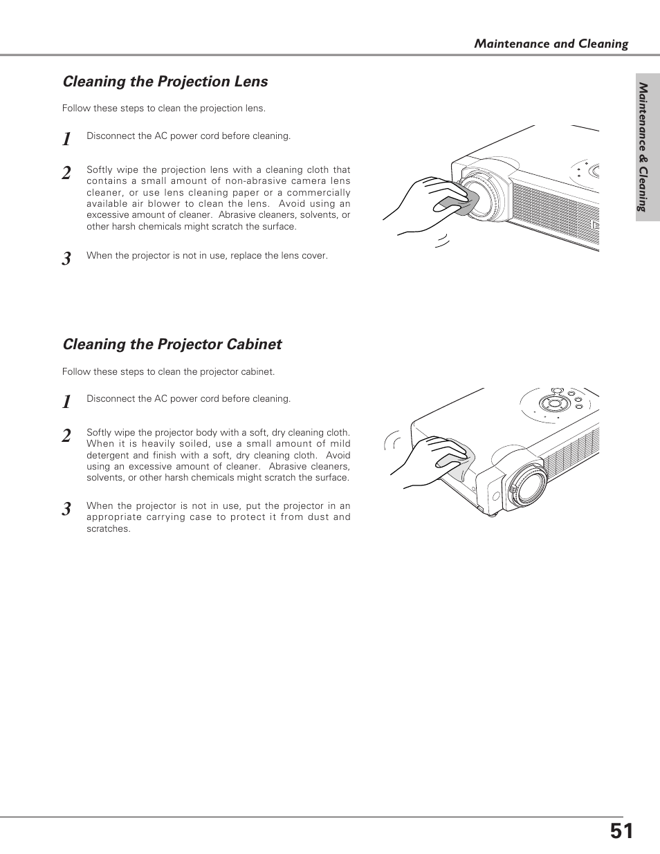 Cleaning the projection lens, Cleaning the projector cabinet | Eiki LC-XB21 User Manual | Page 51 / 64