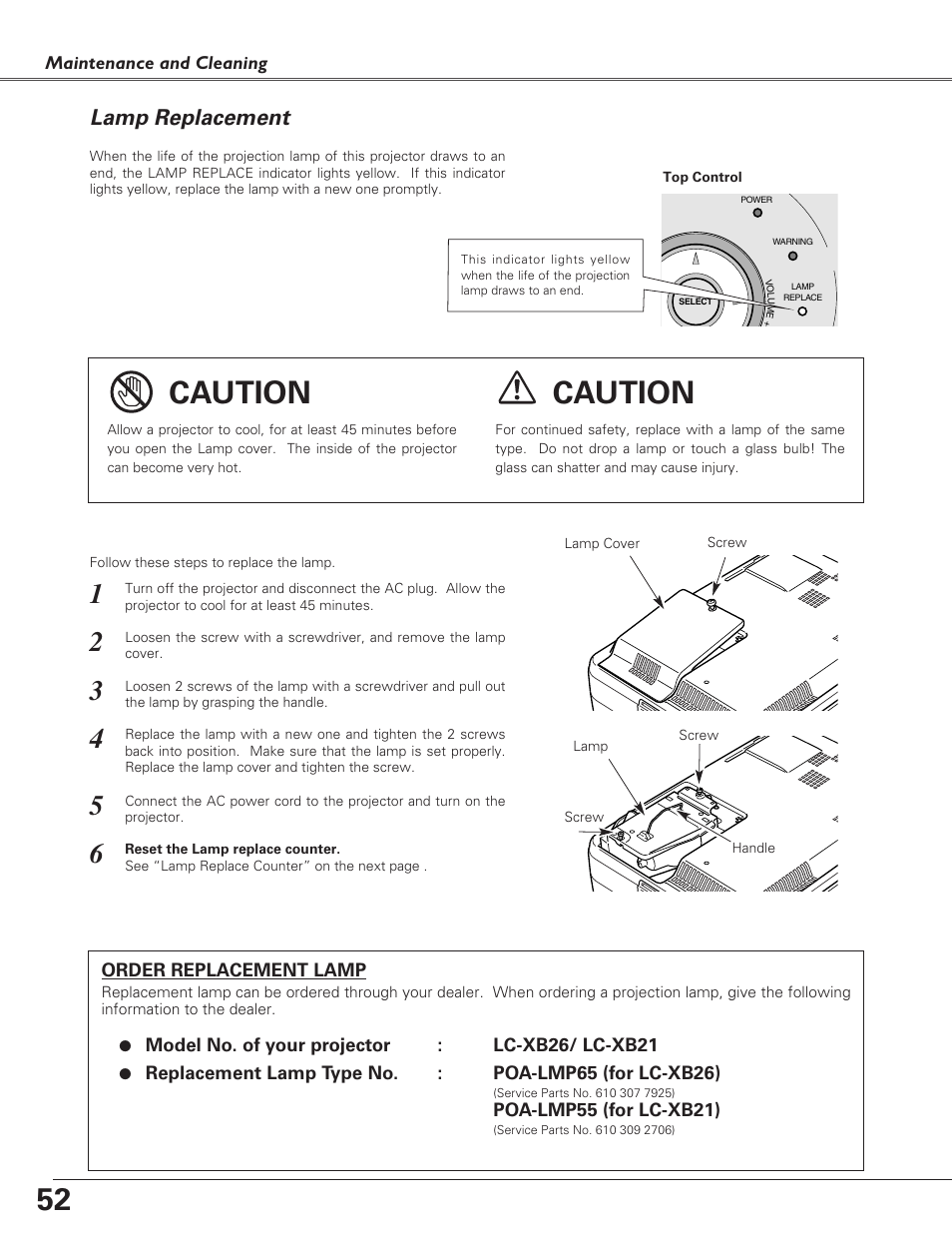 Lamp replacement, Caution | Eiki LC-XB21 User Manual | Page 52 / 64