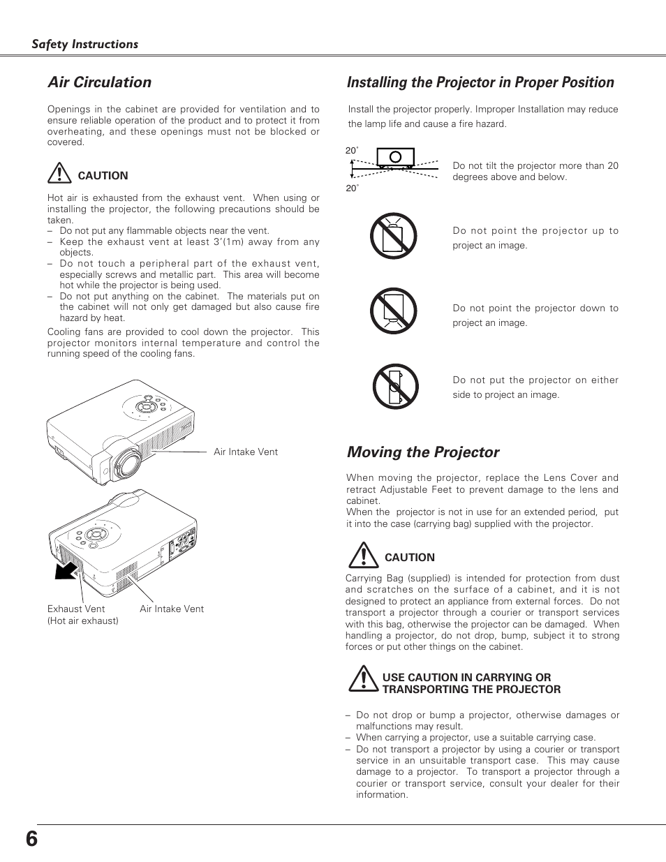 Air circulation, Installing the projector in, Moving the projector | Installing the projector in proper position | Eiki LC-XB21 User Manual | Page 6 / 64