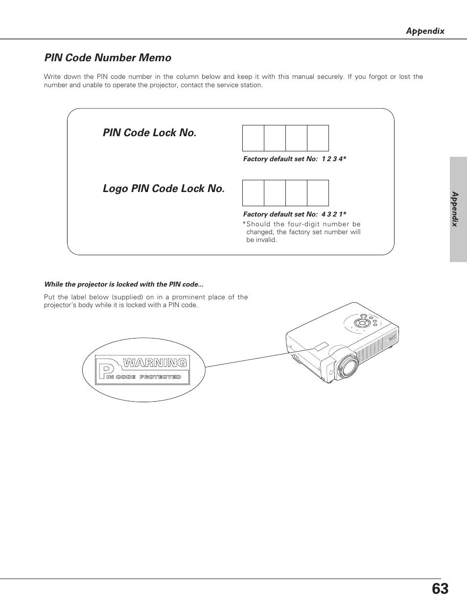Pin code number memo, Pin code lock no. logo pin code lock no | Eiki LC-XB21 User Manual | Page 63 / 64