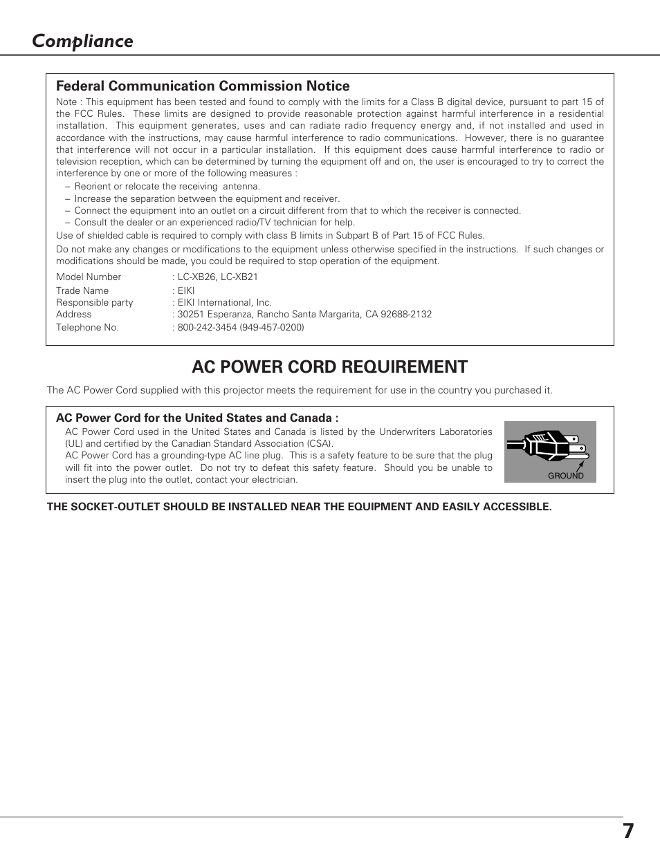 Compliance, Ac power cord requirement, Federal communication commission notice | Eiki LC-XB21 User Manual | Page 7 / 64
