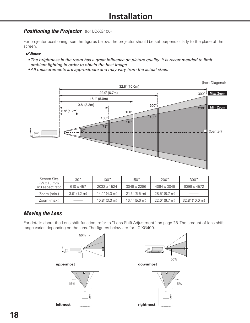 Installation, Positioning the projector, Moving the lens | Eiki Multimedia Projector LC-XG400L User Manual | Page 18 / 78