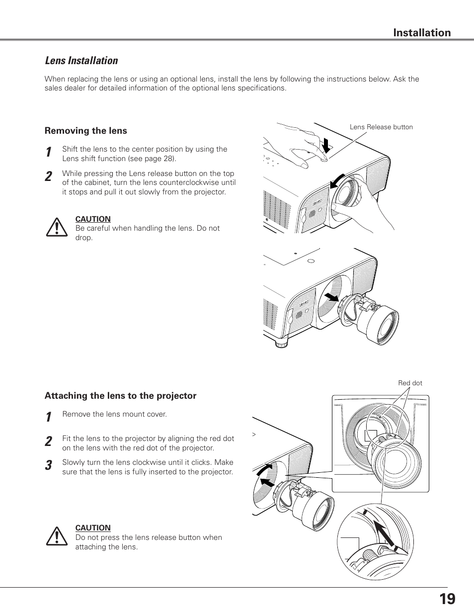 Lens installation, Lens installation installation | Eiki Multimedia Projector LC-XG400L User Manual | Page 19 / 78
