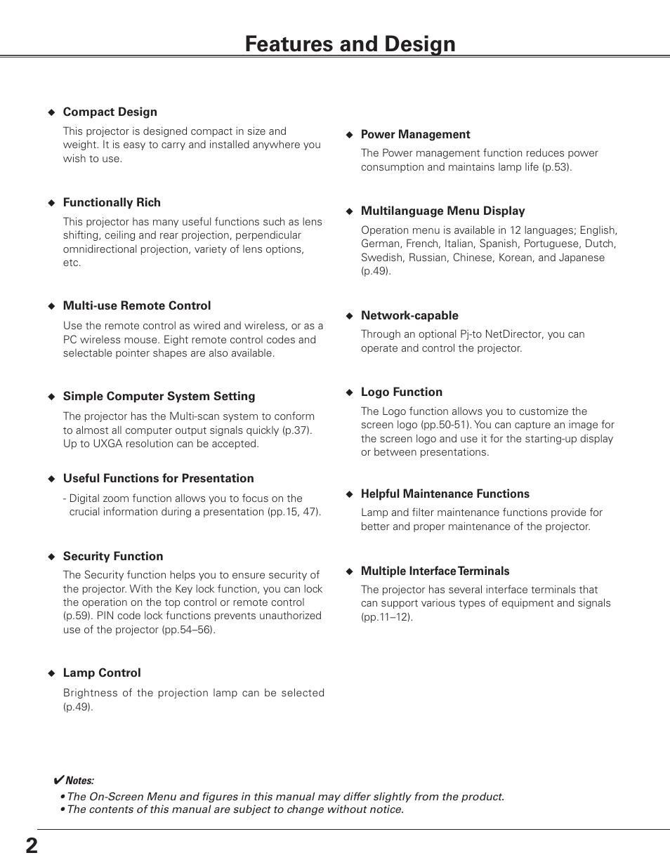 Features and design | Eiki Multimedia Projector LC-XG400L User Manual | Page 2 / 78